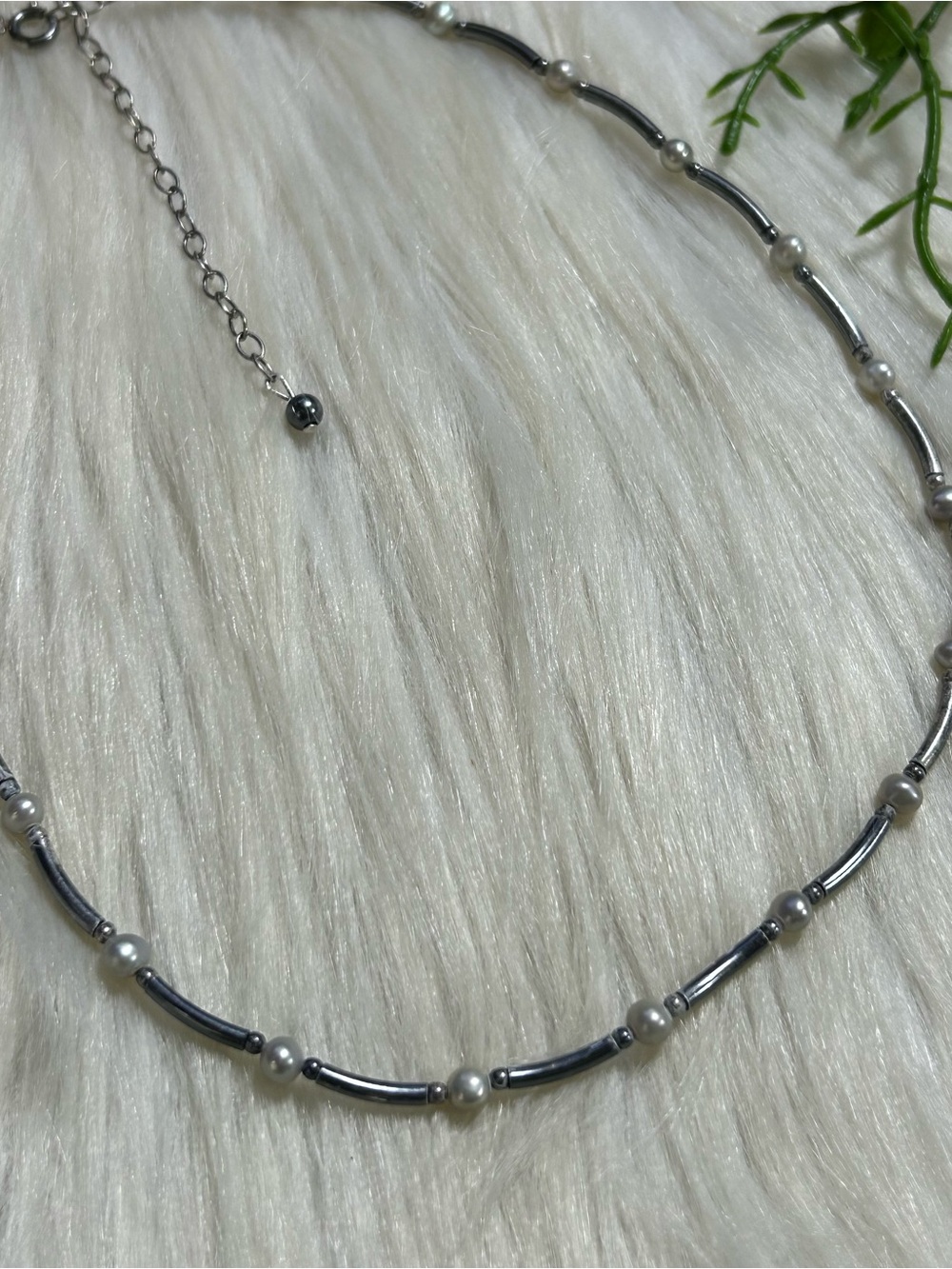 Vintage 925 pearl silver bar patina bead necklace